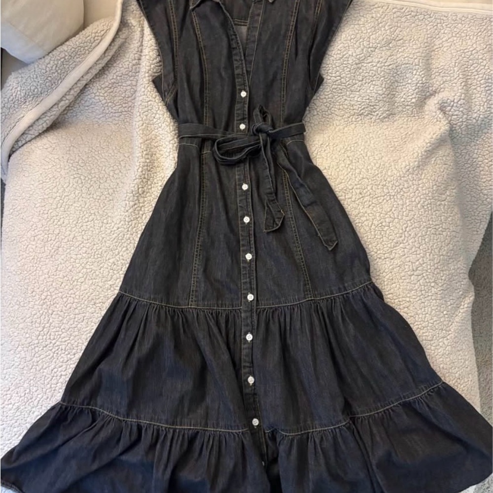 Elan Dark Wash Button-Front Tiered Midi Dress with Self-Tie Belt